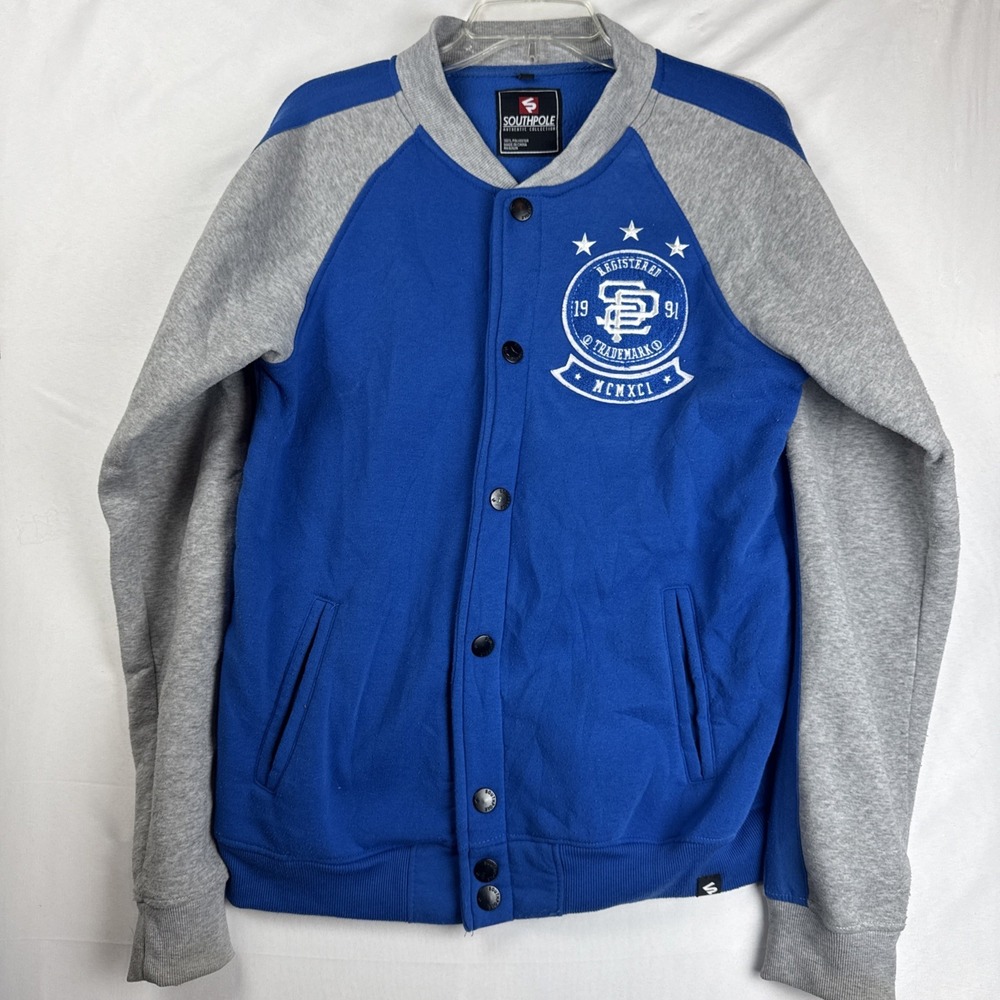 Southpole Varsity Jacket Men's Large Blue Gray Snap‎ Front Streetwear
